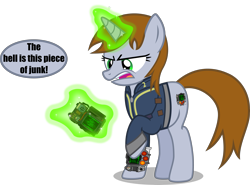 Size: 4089x3019 | Tagged: safe, artist:vector-brony, oc, oc only, oc:littlepip, pony, unicorn, fallout equestria, g4, clothes, dialogue, disgusted, fallout, fallout 2, fallout 76, fanfic, fanfic art, female, glowing horn, hooves, horn, jumpsuit, levitation, magic, mare, open mouth, pip-boy 2000 mark vi, pipboy, pipbuck, raised hoof, simple background, solo, speech bubble, telekinesis, transparent background, vault suit, vector