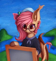 Size: 1888x2048 | Tagged: safe, artist:batsdisaster, fluttershy, bat pony, butterfly, pegasus, pony, vampire, vampony, g4, alternate hairstyle, bat ears, bat ponified, bat wings, beret, bipedal, clothes, colored hooves, cute, easel, female, flutterbat, glasses, hat, jewelry, leonine tail, looking at something, mare, mouth hold, painter, pen, pencil, piercing, race swap, red eyes, round glasses, shyabetes, solo, wings