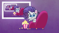 Size: 1920x1080 | Tagged: safe, edit, edited screencap, screencap, rarity, pony, unicorn, g4.5, my little pony: pony life, the debut taunt, droste effect, female, food, mare, popcorn, recursion, smiling, television