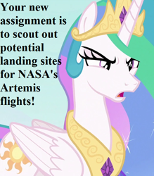 Size: 630x720 | Tagged: safe, edit, edited screencap, editor:korora, screencap, princess celestia, alicorn, pony, g4, the ending of the end, angry, artemis project, cropped, crown, female, jewelry, mare, nasa, peytral, reaction image, reaction image with an expiration date, regalia, solo, this will end in a trip to the moon