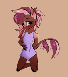 Size: 1680x1888 | Tagged: source needed, safe, artist:luxsimx, oc, oc only, oc:serenity nonpareil, earth pony, anthro, blushing, clothes, dress, fangs, female, kneeling, leonine tail, looking at you, simple background, solo, tongue out