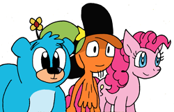 Size: 1175x755 | Tagged: safe, artist:cmara, pinkie pie, earth pony, pony, g4, 505, crossover, simple background, trio, villainous, wander (wander over yonder), wander over yonder