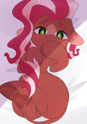 Size: 2885x4096 | Tagged: source needed, safe, artist:denzi, oc, oc only, oc:serenity nonpareil, earth pony, pony, female, floppy ears, leonine tail, looking at you, lying down, mare, on back, solo, underhoof