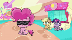 Size: 1920x1080 | Tagged: safe, screencap, applejack, pinkie pie, twilight sparkle, alicorn, earth pony, pony, g4.5, my little pony: pony life, pie vs. pie, chubby cheeks, fat, sunglasses, twilard sparkle, twilight sparkle (alicorn)