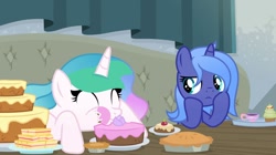 Size: 1280x718 | Tagged: safe, artist:inaactive, princess celestia, princess luna, alicorn, pony, g4, ^^, cake, cakelestia, cupcake, cute, cutelestia, eyes closed, female, filly, food, lunabetes, messy eating, this will end in weight gain, weapons-grade cute, woona, younger