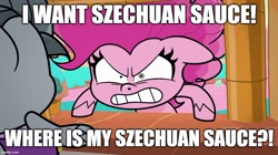 Size: 888x499 | Tagged: safe, edit, edited screencap, screencap, octavio pie, pinkie pie, earth pony, pony, g4.5, my little pony: pony life, pie vs. pie, caption, female, image macro, male, mare, meme, rick and morty, stallion, szechuan sauce, text