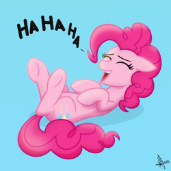 Size: 2048x2048 | Tagged: safe, artist:whitequartztheartist, pinkie pie, earth pony, pony, g4, blue background, eyes closed, female, floppy ears, high res, laughing, lying down, on back, pink mane, simple background, solo