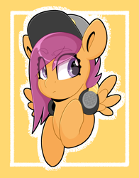Size: 3129x4000 | Tagged: safe, alternate version, artist:partypievt, scootaloo, pegasus, pony, g4, alternate design, alternate hairstyle, cap, cute, cutealoo, eye clipping through hair, eyebrows, eyebrows visible through hair, female, hat, headphones, high res, looking away, simple background, solo, wingding eyes