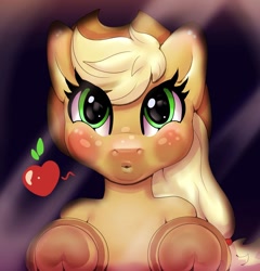 Size: 1280x1332 | Tagged: safe, artist:...macabre..., applejack, earth pony, pony, g4, against glass, apple, blushing, ear blush, female, floating heart, food, fourth wall, freckles, frog (hoof), glass, heart, kissy face, looking at you, solo, underhoof