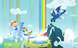 Size: 2985x1850 | Tagged: safe, artist:musical-medic, night glider, rainbow dash, pony, g4, cloud, flying, rainbow falls (location), rainbow waterfall