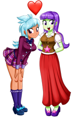 Size: 1017x1680 | Tagged: safe, artist:the-butch-x, edit, frosty orange, starlight, equestria girls, g4, my little pony equestria girls: better together, background human, clothes, crystal prep academy uniform, cute, female, frostylight, hands behind back, heart, kneesocks, lesbian, long skirt, looking at you, pleated skirt, school uniform, shipping, simple background, skirt, smiling, socks, transparent background