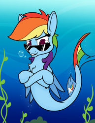 Size: 1000x1297 | Tagged: safe, artist:dacaoo, rainbow dash, seapony (g4), g4, chest fluff, colored pupils, female, looking at you, seaponified, seapony rainbow dash, solo, species swap, sunglasses, underwater