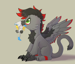 Size: 4192x3606 | Tagged: dead source, safe, artist:dorkmark, oc, oc:karvelis, oc:scorpio, griffon, beak hold, mouth hold, plushie, size difference, solo