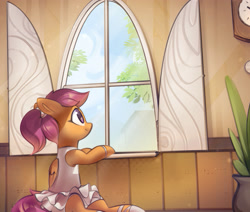 Size: 3552x3008 | Tagged: safe, artist:mirroredsea, scootaloo, pegasus, pony, g4, alternate hairstyle, ballerina, ballet, clothes, cute, cutealoo, female, filly, high res, ponytail, profile, scootarina, sitting, skirt, solo, tutu, window