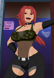 Size: 2800x4000 | Tagged: safe, artist:ponyecho, oc, oc only, oc:nell clearfield, human, abs, armpits, backstage, belt, clothes, collar, denim shorts, female, hand on hip, happy, high res, humanized, indoors, muscles, muscular female, open mouth, open smile, pony coloring, red hair, shiny skin, shorts, smiling, solo, tank top