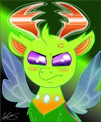 Size: 720x866 | Tagged: artist needed, safe, thorax, changedling, changeling, g4, angry, bust, cross-popping veins, cute, digital art, frown, king thorax, madorable, male, signature, spread wings, thorabetes, wings