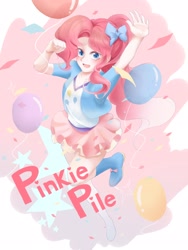 Size: 1536x2048 | Tagged: safe, artist:yuan-rino, pinkie pie, equestria girls, g4, balloon, bow, confetti, cute, diapinkes, female, hair bow, human coloration, looking at you, misspelling, open mouth, solo, stars