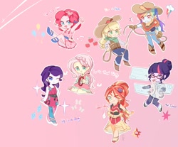 Size: 1654x1368 | Tagged: safe, artist:yuan-rino, applejack, fluttershy, pinkie pie, rainbow dash, rarity, sci-twi, sunset shimmer, twilight sparkle, equestria girls, equestria girls specials, five to nine, friendship through the ages, g4, i'm on a yacht, life is a runway, mad twience, my little pony equestria girls: better together, my little pony equestria girls: dance magic, my little pony equestria girls: spring breakdown, my little pony equestria girls: summertime shorts, alternate hairstyle, anime, chibi, cowboy hat, cute, cutie mark, female, flamenco dress, folk fluttershy, hat, humane five, humane seven, humane six, lasso, looking at you, one eye closed, open mouth, pencil, pink background, rope, simple background, smiling, sunset shimmer flamenco dress, wink