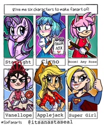 Size: 1080x1306 | Tagged: safe, artist:antych, applejack, starlight glimmer, human, pony, unicorn, anthro, equestria girls, g4, amy rose, anthro with ponies, bow, bust, cirno, clothes, crossover, cyrillic, dc comics, dress, eyelashes, female, flexing, freckles, hair bow, hand on hip, hat, heart, mallet, mare, russian, scepter, six fanarts, smiling, smirk, sonic the hedgehog (series), straw in mouth, supergirl, touhou, vanellope von schweetz, watermark, wreck-it ralph