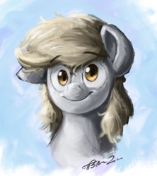 Size: 1674x1882 | Tagged: safe, artist:rigbyh00ves, derpy hooves, pegasus, pony, g4, bust, eyebrows, eyebrows visible through hair, female, front view, full face view, looking at you, mare, one ear down, portrait, smiling, solo