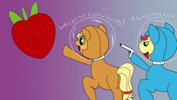 Size: 3840x2160 | Tagged: safe, artist:teddieatwork, applejack, strawberry sunrise, earth pony, pegasus, pony, g4, always has been, astrojack, astronaut, commission, duo, female, food, grammar error, gun, handgun, helmet, high res, hoof hold, imminent death, imminent murder, mare, meme, open mouth, pistol, pointing, ponified meme, raised hoof, sororicide, space, spacesuit, strawberry, this will end in death, this will end in tears, this will end in tears and/or death, weapon, ych result