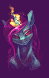 Size: 2200x3507 | Tagged: safe, artist:kiwwsplash, oc, oc only, pony, unicorn, black sclera, bust, glowing horn, high res, horn, purple background, red eyes, signature, simple background, smiling, solo, unicorn oc