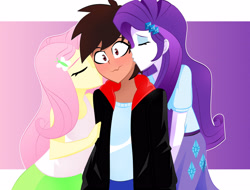 Size: 3222x2448 | Tagged: safe, artist:xan-gelx, fluttershy, rarity, oc, equestria girls, g4, blushing, canon x oc, cheek kiss, commission, eyes closed, high res, kissing, oc gets all the mares