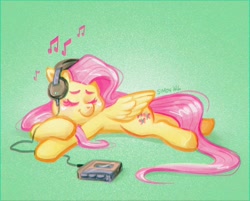 Size: 1024x824 | Tagged: safe, artist:simondrawsstuff, fluttershy, pegasus, pony, g4, cassette player, cute, eyes closed, female, green background, headphones, lying down, mare, music, music notes, music player, prone, shyabetes, simple background, solo