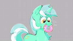 Size: 1920x1080 | Tagged: safe, artist:another_pony, lyra heartstrings, pony, unicorn, g4, abstract background, cute, donut, female, food, heart, lyrabetes, mare, mouth hold, nom, solo, text