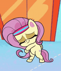 Size: 313x365 | Tagged: safe, edit, edited screencap, screencap, fluttershy, pegasus, pony, g4.5, my little pony: pony life, superb six, animated, bipedal, cropped, dancing, eyes closed, female, gif, headband, mirrored, solo, wings
