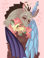Size: 768x1024 | Tagged: safe, artist:wanderingpegasus, discord, fluttershy, draconequus, pony, g4, blushing, cheek fluff, coiling, coils, colored hooves, cute, ear fluff, eyes closed, female, heart, hoof fluff, hug, male, mare, pink background, ship:discoshy, shipping, simple background, smiling, straight, stray strand, winghug