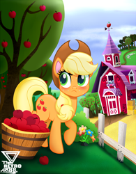 Size: 3000x3856 | Tagged: safe, artist:theretroart88, applejack, earth pony, pony, g4, apple, barn, blushing, bucket, cowboy hat, female, food, fruit, hat, high res, mare, raised hoof, solo, stetson, sweat, sweet apple acres