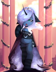 Size: 3195x4096 | Tagged: safe, artist:magnaluna, princess luna, alicorn, pony, semi-anthro, belly button, belly fluff, bipedal, blackletter, both cutie marks, clothes, female, fluffy, high res, leg fluff, mare, midriff, open mouth, panties, socks, solo, striped socks, striped underwear, thighs, underwear