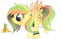 Size: 1024x643 | Tagged: safe, artist:mint-light, oc, oc only, pegasus, pony, ear piercing, earring, flying, food, jewelry, looking down, pegasus oc, piercing, pineapple, simple background, solo, transparent background, two toned wings, wings, wristband