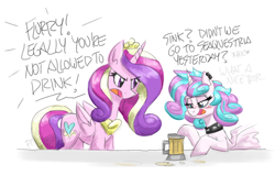Size: 3000x1908 | Tagged: safe, artist:flutterthrash, princess cadance, princess flurry heart, alicorn, pony, g4, alcohol, blushing, choker, cider, dialogue, drunk, female, mother and child, mother and daughter, older, older flurry heart, piercing, princess emo heart, punk, slender, spiked choker, teenage flurry heart, teenager, thin, this will end in death, this will end in tears, this will end in tears and/or death, underaged drinking