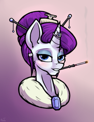 Size: 1119x1455 | Tagged: safe, artist:hc0, rarity, pony, unicorn, g4, bust, cigarette, cigarette holder, female, gradient background, horn, jewelry, mare, portrait, ring, solo