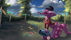 Size: 3840x2160 | Tagged: safe, artist:eqlipse, pinkie pie, cobra, lamia, original species, snake, g4, female, happy, high res, lamiafied, party cannon, snek, solo, species swap