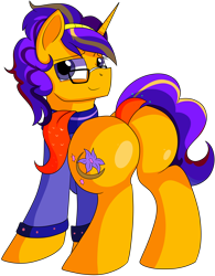 Size: 5000x6400 | Tagged: safe, artist:rainbowtashie, saffron masala, oc, oc only, pony, unicorn, g4, bandana, butt, clothes, commissioner:bigonionbean, cutie mark, extra thicc, flank, fusion, glasses, male, plot, rule 63, simple background, stallion, transparent background, writer:bigonionbean