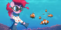 Size: 2960x1468 | Tagged: safe, artist:vultraz, part of a set, pinkie pie, earth pony, fish, pony, g4, clown, clown nose, clown outfit, clownfish, dive mask, diving, drawthread, female, flippers (gear), red nose, requested art, solo, underwater