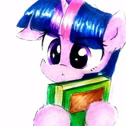 Size: 2322x2322 | Tagged: safe, artist:liaaqila, twilight sparkle, pony, g4, adorkable, book, bookhorse, cute, daaaaaaaaaaaw, dork, egghead, female, floppy ears, high res, mare, possessive, solo, that pony sure does love books, traditional art, twiabetes