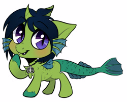 Size: 2500x2000 | Tagged: safe, artist:xvostik, oc, oc only, oc:demon hellspawn, half-siren, hybrid, pony, baby, chest fluff, colored hooves, colt, commission, curved horn, fangs, fins, fish tail, high res, horn, jewelry, leviathan cross, magical gay spawn, male, necklace, offspring, open mouth, raised hoof, scales, simple background, slit pupils, solo, white background, ych result