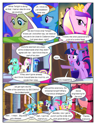 Size: 612x792 | Tagged: safe, artist:newbiespud, edit, edited screencap, screencap, applejack, fluttershy, lyra heartstrings, minuette, pinkie pie, queen chrysalis, rainbow dash, rarity, twilight sparkle, twinkleshine, earth pony, pegasus, pony, unicorn, comic:friendship is dragons, a canterlot wedding, g4, angry, bed, clothes, comic, dialogue, dress, female, floral head wreath, flower, indoors, looking back, mane six, mare, raised hoof, screencap comic, unicorn twilight