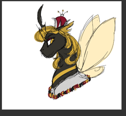 Size: 526x486 | Tagged: safe, artist:shirofluff, queen bumble, bee, beeling, changeling, changeling queen, g1, bust, crown, curved horn, female, horn, jewelry, redesign, regalia, simple background, solo, white background, yellow changeling