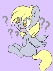 Size: 1536x2048 | Tagged: safe, artist:steelsoul, derpy hooves, pegasus, pony, g4, cheek fluff, chest fluff, confused, cute, derpabetes, female, filly, filly derpy, leg fluff, looking back, open mouth, purple background, question mark, simple background, sitting, solo, younger