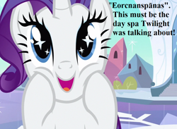 Size: 962x703 | Tagged: safe, edit, edited screencap, editor:korora, screencap, rarity, pony, g4, season 3, the crystal empire, cheek squish, cropped, crystal empire, cute, happy, implied twilight sparkle, old english, pun, punny name, raribetes, solo, sparkly eyes, squishy cheeks, wingding eyes