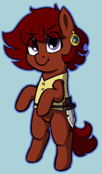 Size: 562x958 | Tagged: safe, artist:heretichesh, oc, oc only, oc:ruby rouge, earth pony, pony, colt quest, belt, bipedal, dagger, ear piercing, earring, female, filly, jewelry, piercing, smug, solo, standing, tomboy, tunic, weapon