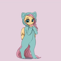 Size: 4000x4000 | Tagged: safe, artist:miokomata, fluttershy, pegasus, semi-anthro, g4, absurd resolution, arm hooves, bipedal, cat's pajamas, clothes, colored hooves, costume, cute, cute little fangs, fangs, female, footed sleeper, footie pajamas, freckles, freckleshy, kigurumi, looking at you, mare, onesie, pajamas, purple background, shyabetes, simple background, solo