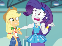 Size: 633x475 | Tagged: safe, edit, edited screencap, screencap, applejack, rarity, comic:the amazonian effect, comic:the amazonian effect iii, equestria girls, equestria girls specials, g4, my little pony equestria girls: better together, my little pony equestria girls: rollercoaster of friendship, biceps, female, geode of shielding, geode of super strength, magical geodes, muscle edit, muscle growth, muscles, red eyes, ripped rarity