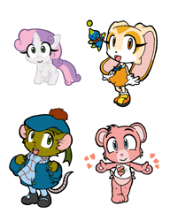 Size: 803x1044 | Tagged: safe, artist:cutemax, sweetie belle, bear, mouse, pony, rabbit, unicorn, g4, animal, baby hugs bear, care bears, cheese the chao, clothes, cream the rabbit, cute, diasweetes, olivia flaversham, scarf, sonic the hedgehog (series), tam o' shanter, the great mouse detective, weapons-grade cute