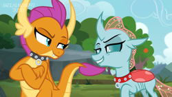 Size: 8000x4500 | Tagged: safe, artist:metalhead97, ocellus, smolder, changeling, dragon, g4, bedroom eyes, collar, commission, dragoness, female, femsub, grin, kinky, lesbian, lidded eyes, lip bite, looking at each other, ship:smolcellus, shipping, show accurate, smiling, submissive, surprised, sweet feather sanctuary, this will end in snu snu